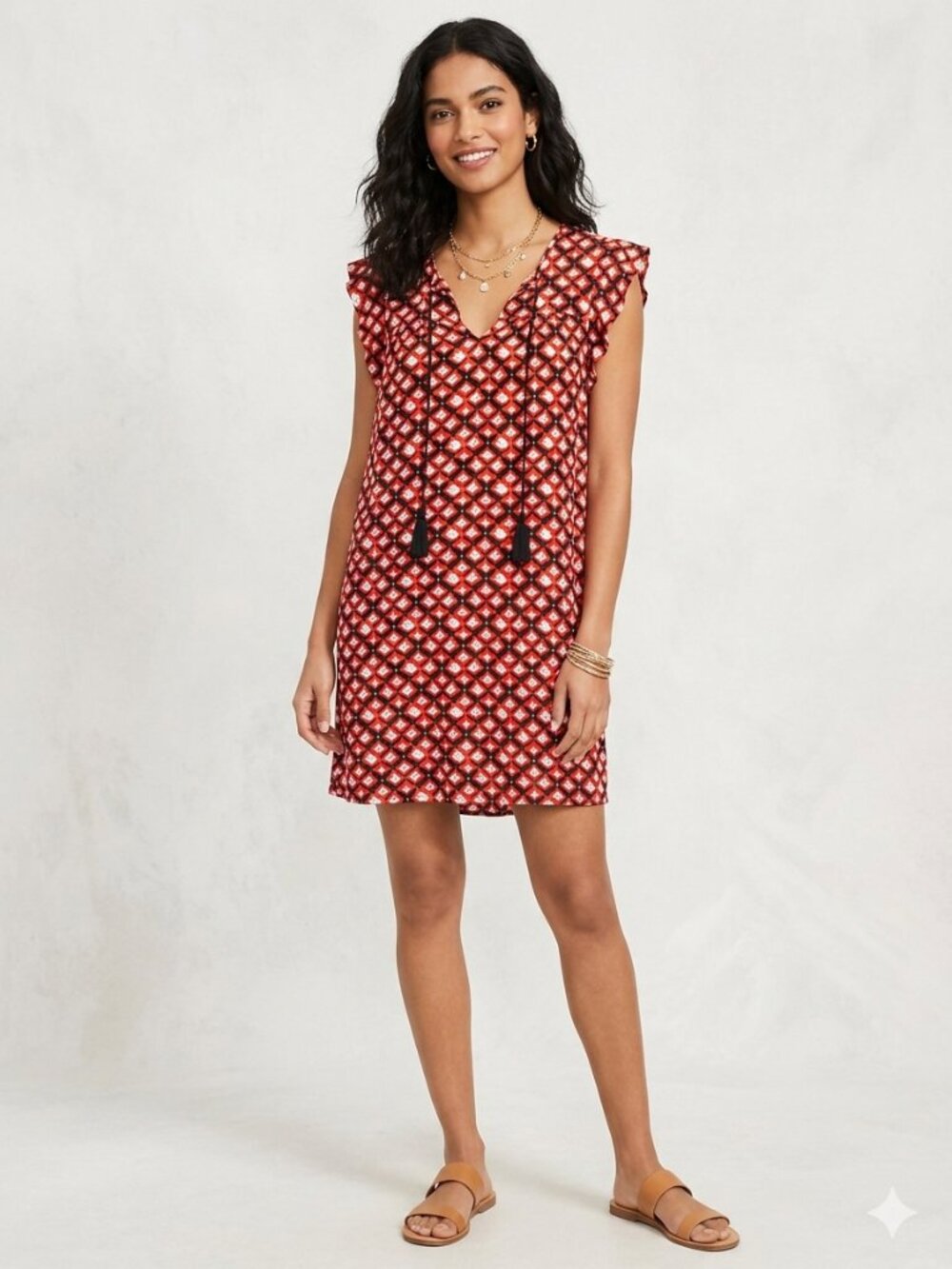 LOFT Red Black Geometric Tassel Shift Mini Dress Size Small